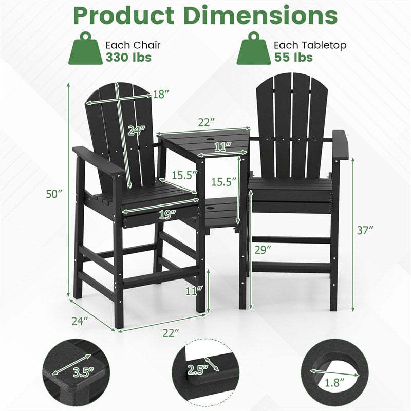 Tall Adirondack Chairs Set of 2, Outdoor HDPE Bar Stools with Double Connecting Tray & Umbrella Hole, All-Weather for Patio, Poolside, Backyard