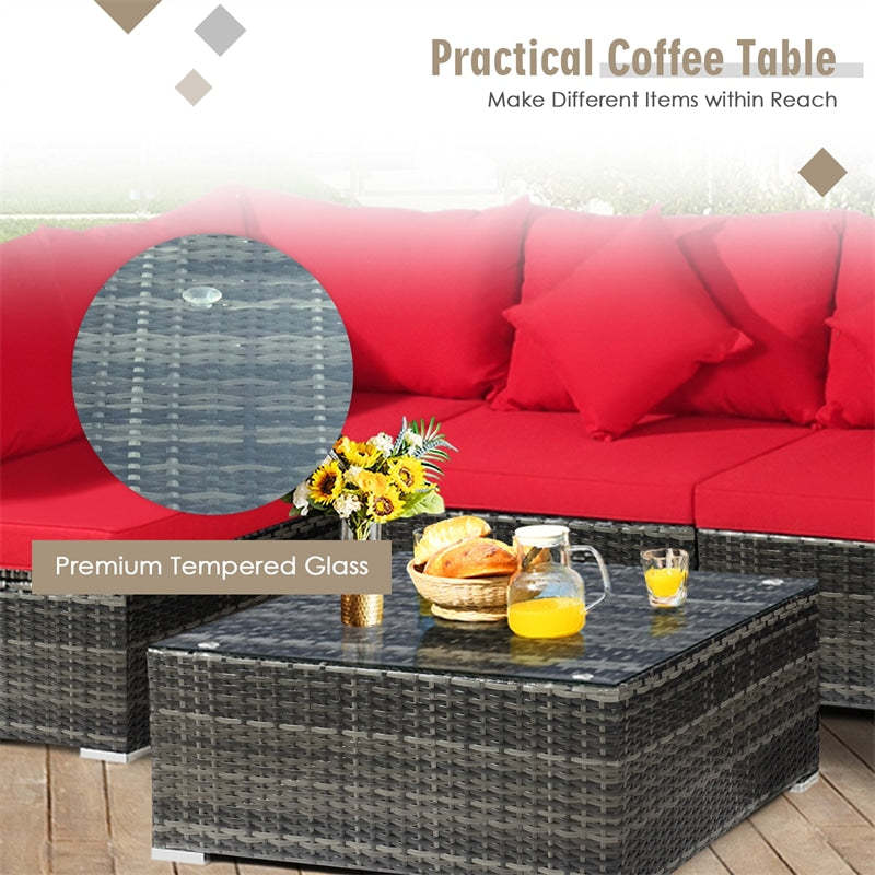7PCS PE Rattan Modular Outdoor Sectional Set with Tempered Glass Top Table & Cushions, Patio Sofa Furniture for Backyard, Poolside Garden