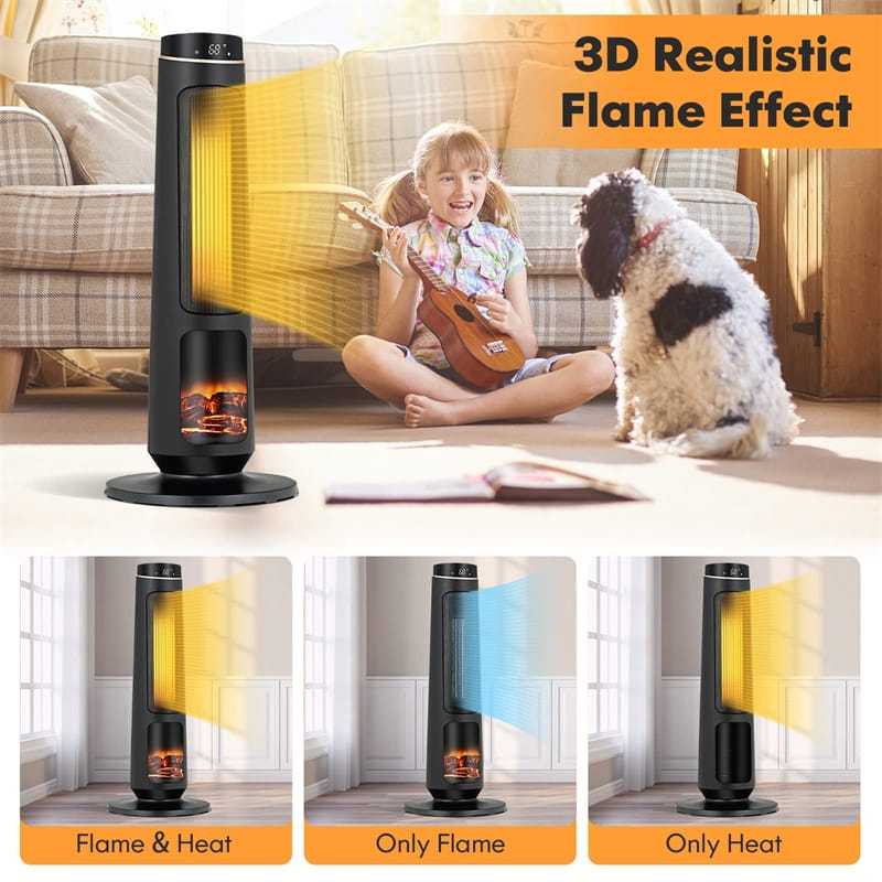 1500W Electric Space Heater, 30" PTC Ceramic Tower Heater with 3D Flame, Remote Control  & 80° Oscillating for Large Rooms, Living Room, Bedroom