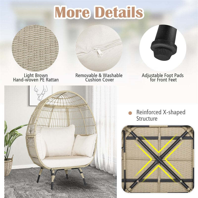 Oversized Wicker Egg Chair, Indoor/Outdoor PE Rattan Basket Lounge Chair with 4 Cushions, Steel Frame, 450LBS Capacity for Patio, Backyard