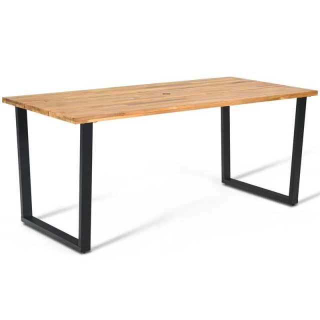 Acacia Wood Patio Dining Table 6 Person Rectangle Indoor Outdoor Table with 2” Umbrella Hole & Metal Legs