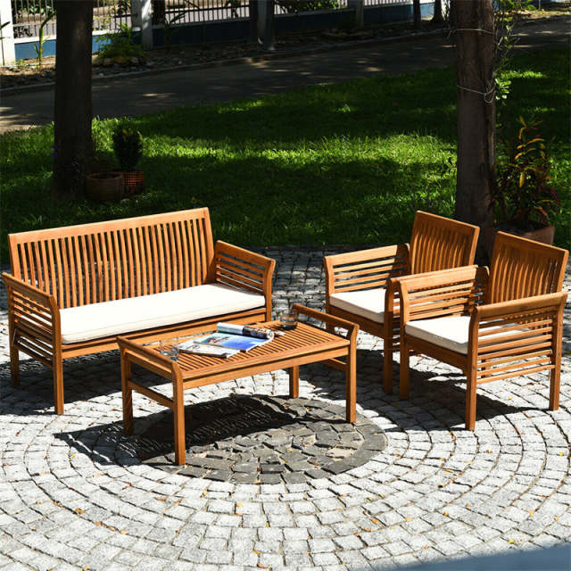 4 Piece Outdoor Acacia Wood Sofa Set with Waterproof Cushions & Coffee Table, Wooden Patio Conversation Set for Backyard, Poolside, Garden