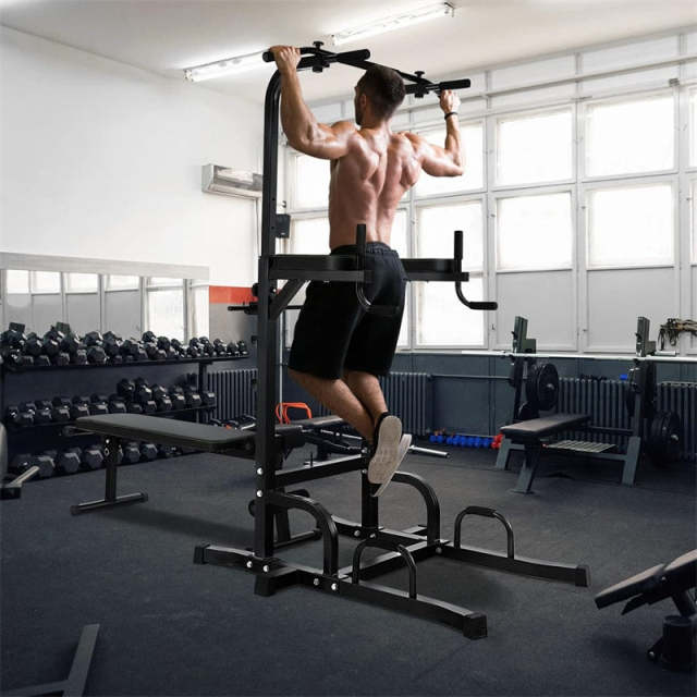 Adjustable Power Tower with Foldable Weight Bench, Multi-Function Pull-Up Bar Dip Station, Heavy Duty Full Body Workout Machine for Home Gym