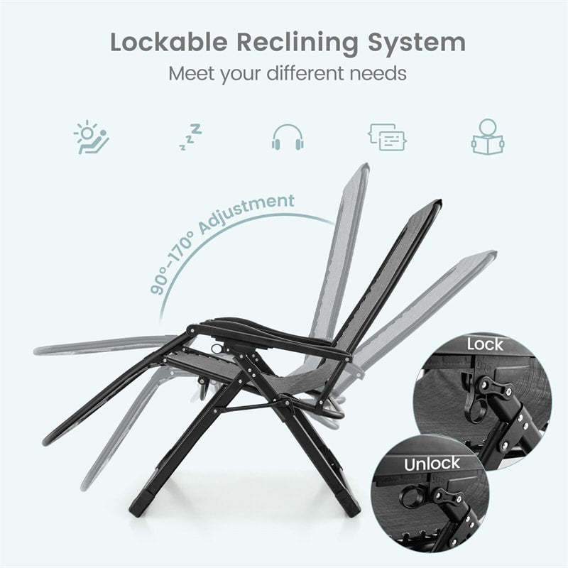 Adjustable Metal Zero Gravity Lounge Chair with Cup Holder Tray, Removable Cushion & Pillow, Folding Reclining Patio Chair for Garden Backyard
