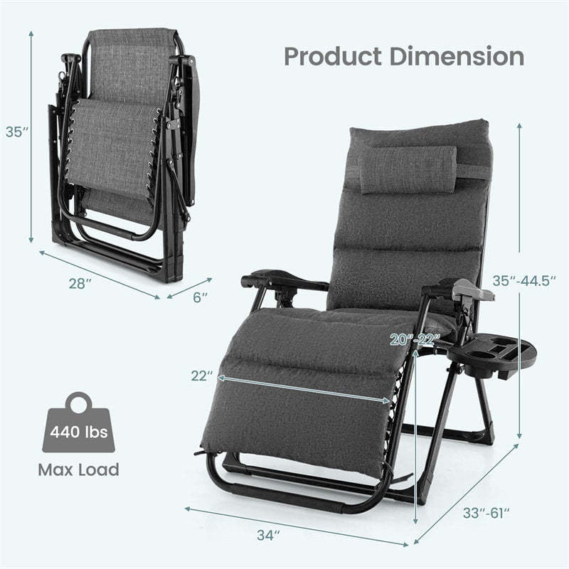 Adjustable Metal Zero Gravity Lounge Chair with Cup Holder Tray, Removable Cushion & Pillow, Folding Reclining Patio Chair for Garden Backyard