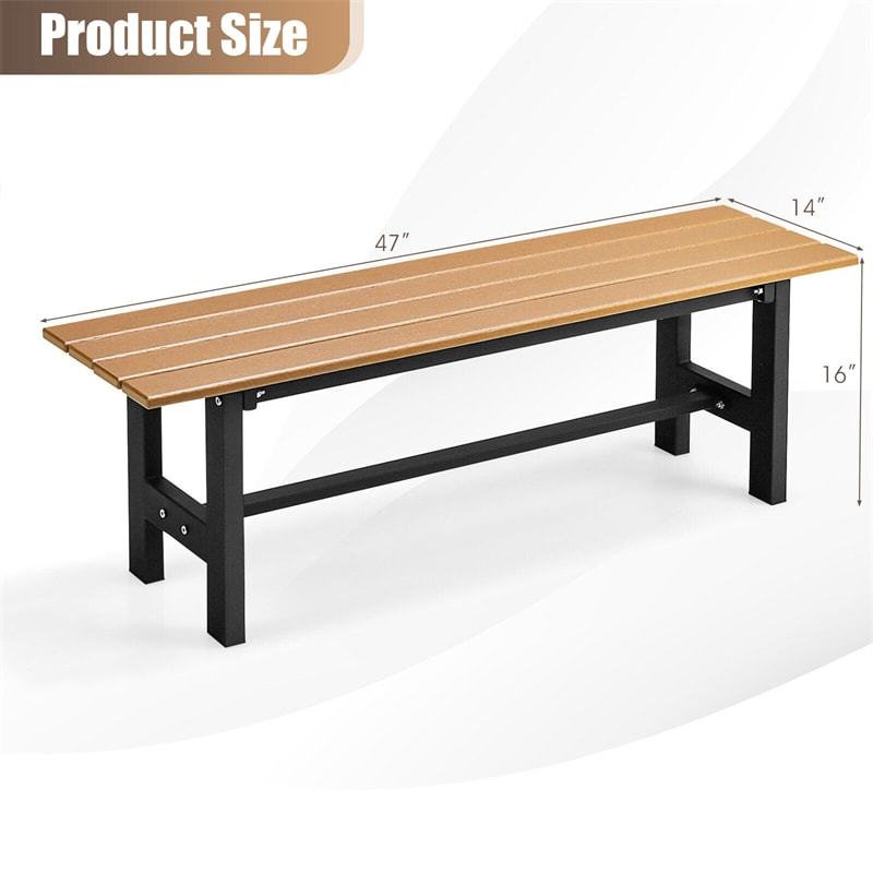 Outdoor Garden Bench 2-Person Patio Park Backless Bench All-weather 47" Dining Bench Chair with HDPE Slatted Seat, Metal Frame, 660 LBS Capacity