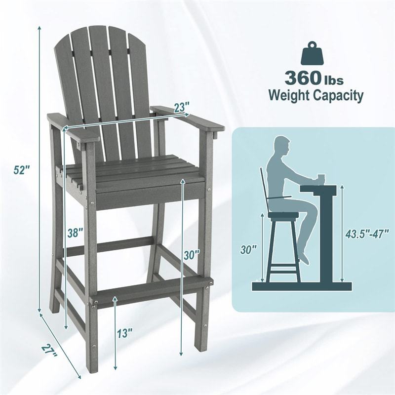 Outdoor HDPE Bar Stool, All-Weather 30" Tall Adirondack Chair with Armrests & Footrest, Bar Height Patio Chairs for Garden Deck Balcony