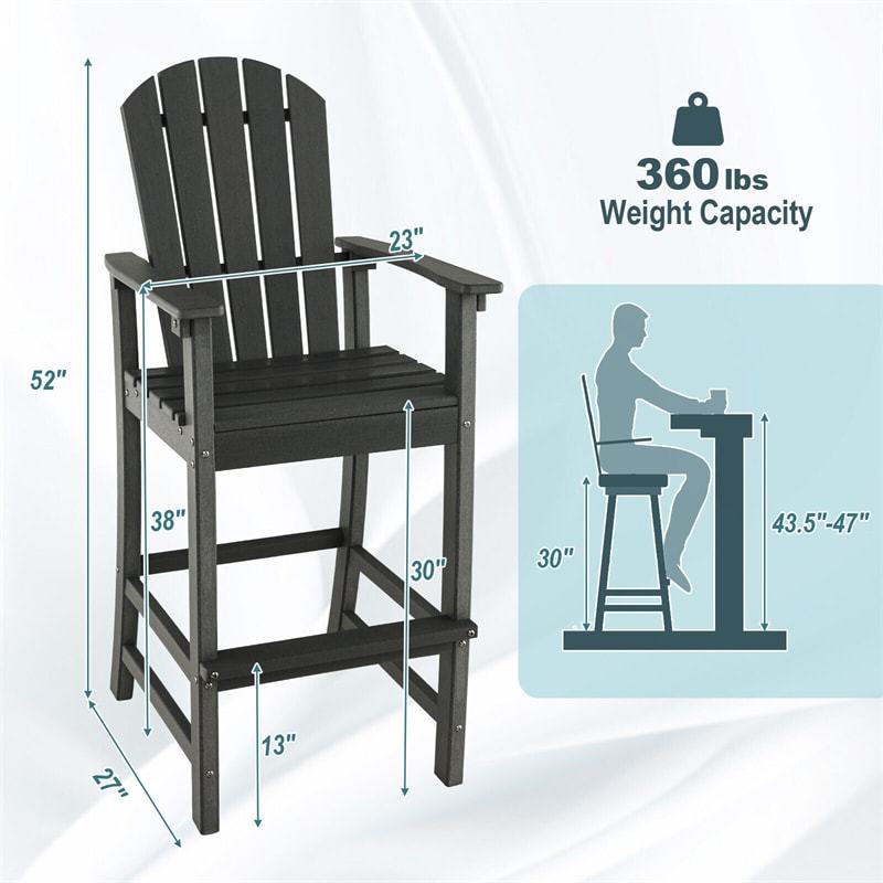 Outdoor HDPE Bar Stool, All-Weather 30" Tall Adirondack Chair with Armrests & Footrest, Bar Height Patio Chairs for Garden Deck Balcony