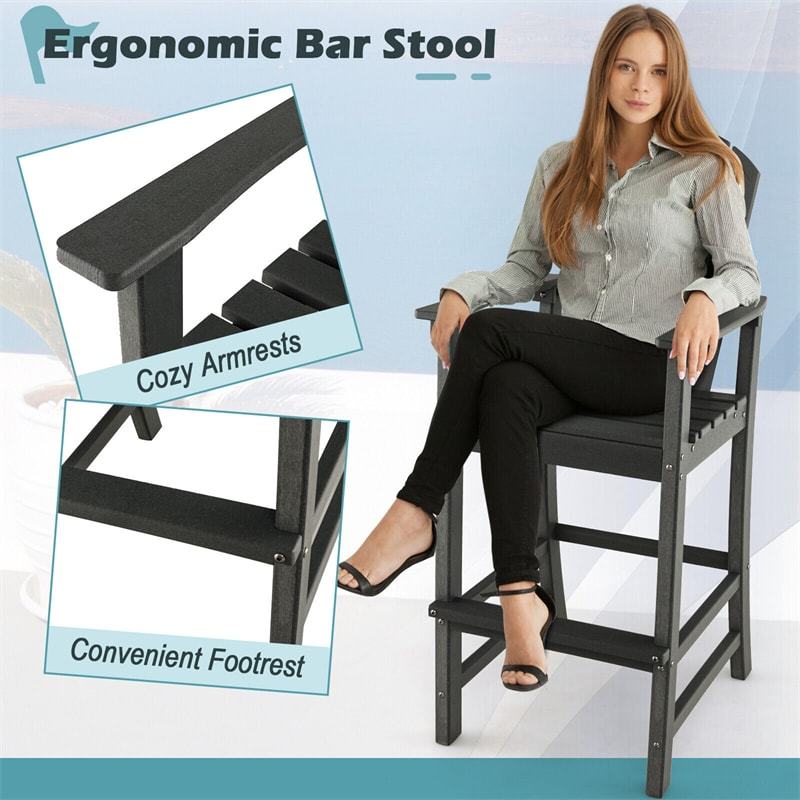 Outdoor HDPE Bar Stool, All-Weather 30" Tall Adirondack Chair with Armrests & Footrest, Bar Height Patio Chairs for Garden Deck Balcony