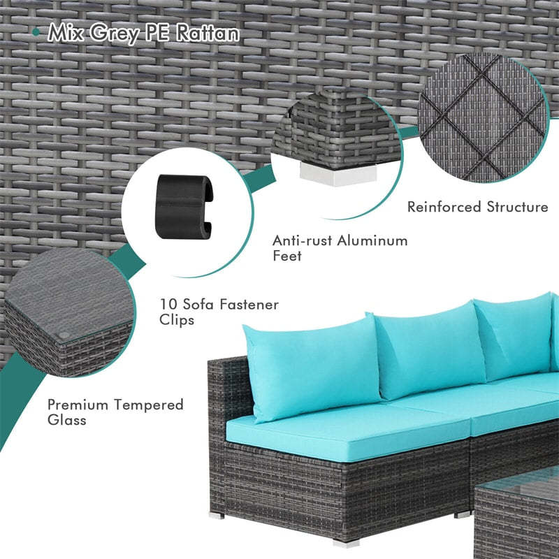 7PCS PE Rattan Modular Outdoor Sectional Set with Tempered Glass Top Table & Cushions, Patio Sofa Furniture for Backyard, Poolside Garden