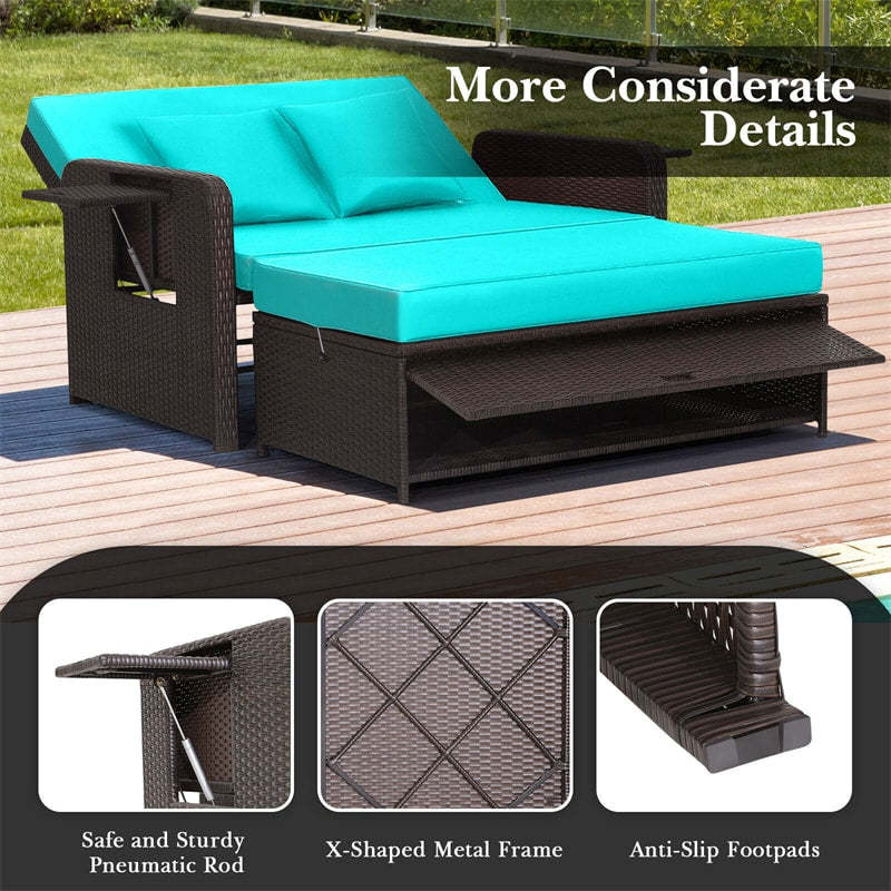 Patio Rattan Daybed Set, Outdoor Wicker Loveseat Sofa w/Multipurpose Ottoman, Retractable Side Tray, 4-Level Adjustable Backrest & Cushions