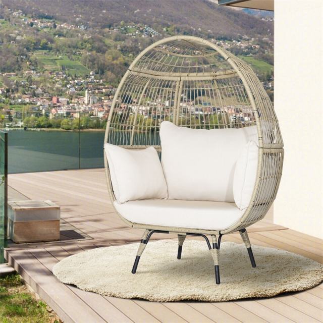Oversized Wicker Egg Chair, Indoor/Outdoor PE Rattan Basket Lounge Chair with 4 Cushions, Steel Frame, 450LBS Capacity for Patio, Backyard