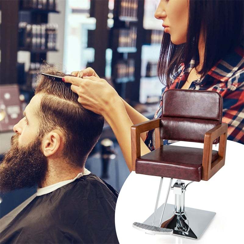 Barber Chair Height Adjustable Salon Chair 360° Swivel Spa Equipment Tattoo Styling Chair with Heavy Duty Hydraulic Pump & Wood Armrest