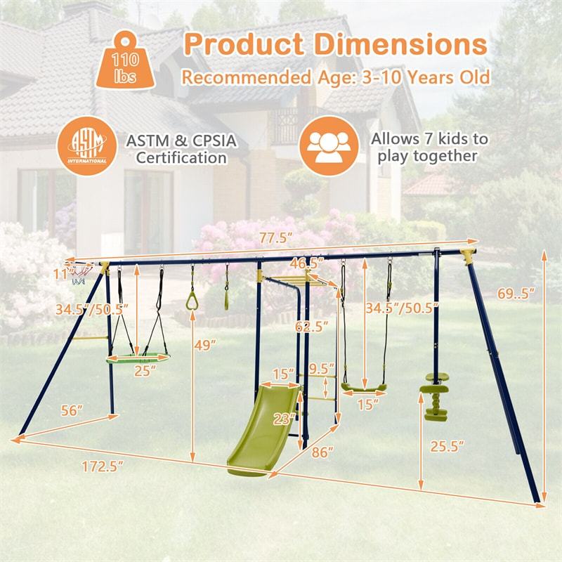 660lbs 7-in-1 Metal A-Frame Swing Set with 2 Swings, Glider, Slide, Gym Rings & Basketball Hoop, Heavy Duty Outdoor Playset for Kids, Backyard Garden