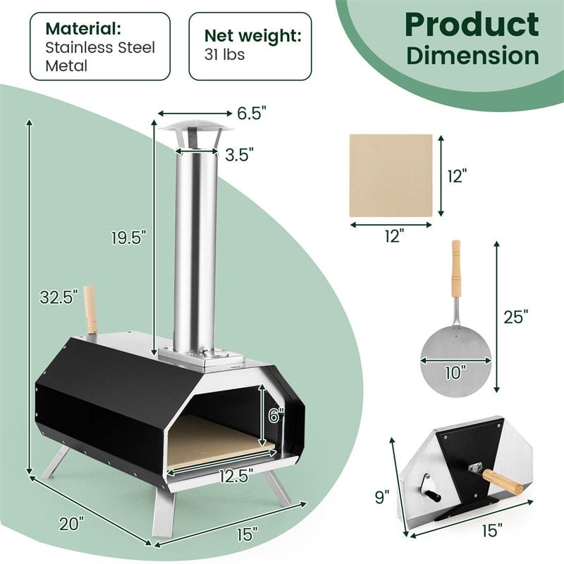 Beetle Outdoor Pizza Oven Wood Pellet Pizza Oven Grill Portable Stainless Steel Pizza Maker with 12'' Pizza Stone & Foldable Legs