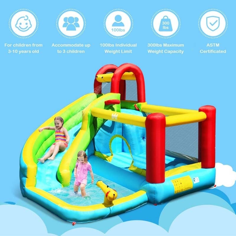Inflatable Water Slide, 6-in-1 Bounce House Water Park with Slide, Splash Pool, Climbing Wall & Basketball Hoop for Kids, Indoor/Outdoor Backyard Fun