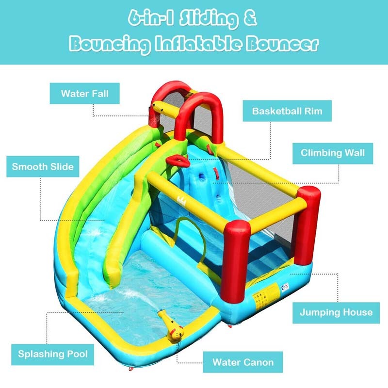 Inflatable Water Slide, 6-in-1 Bounce House Water Park with Slide, Splash Pool, Climbing Wall & Basketball Hoop for Kids, Indoor/Outdoor Backyard Fun