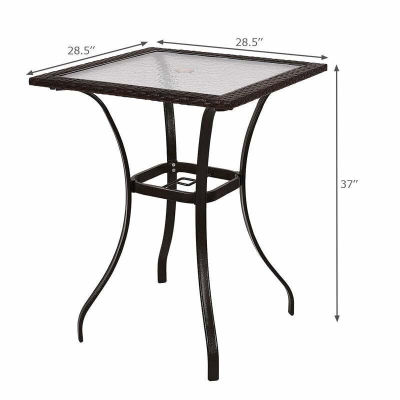28.5'' Square Glass Top Patio Table Outdoor Table with Umbrella Hole & Rattan Edge