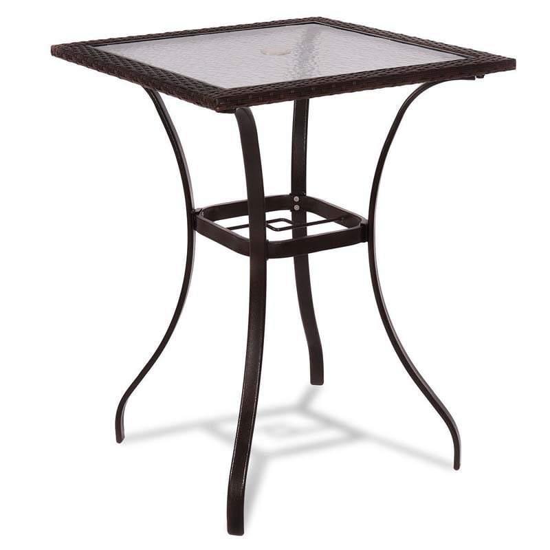 28.5'' Square Glass Top Patio Table Outdoor Table with Umbrella Hole & Rattan Edge
