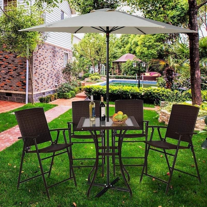 28.5'' Square Glass Top Patio Table Outdoor Table with Umbrella Hole & Rattan Edge