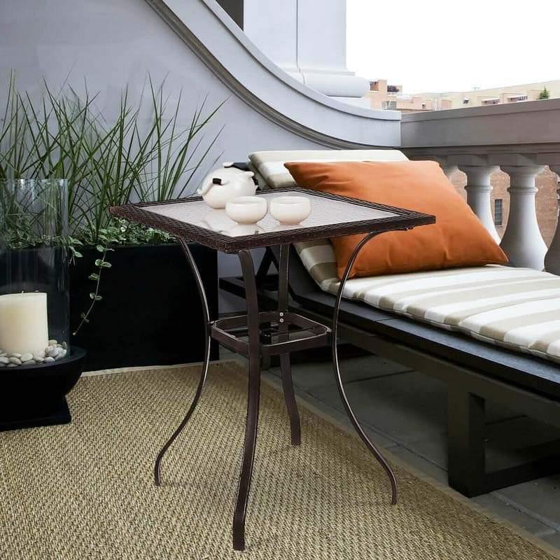 28.5'' Square Glass Top Patio Table Outdoor Table with Umbrella Hole & Rattan Edge