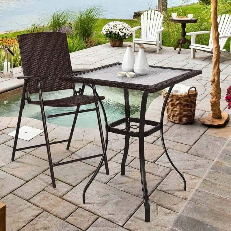 28.5'' Square Glass Top Patio Table Outdoor Table with Umbrella Hole & Rattan Edge