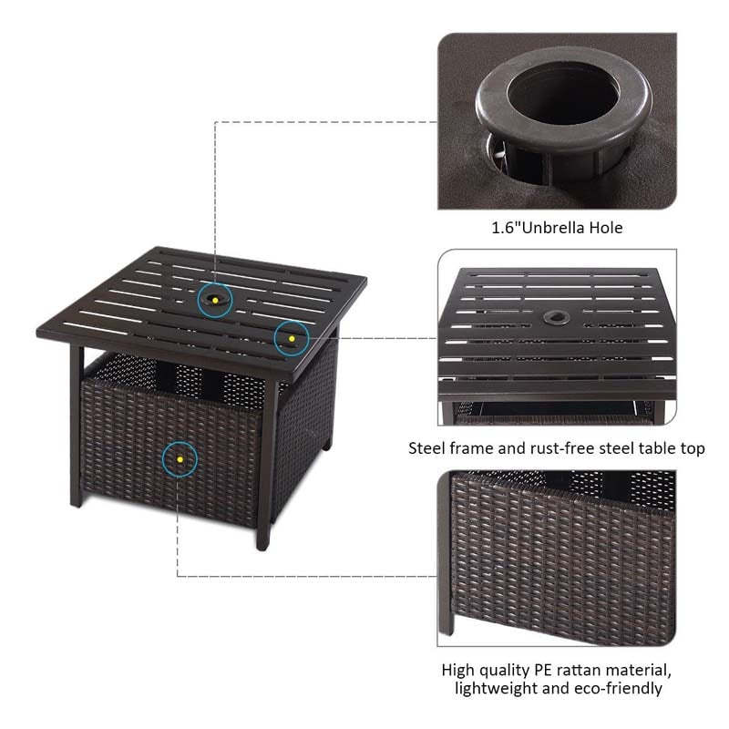 Wicker Umbrella Table All-weather Rattan Outdoor Side Table with Umbrella Hole