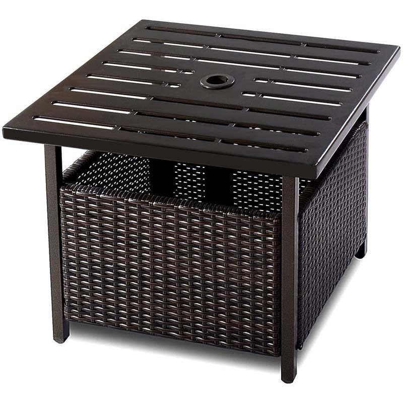 Wicker Umbrella Table All-weather Rattan Outdoor Side Table with Umbrella Hole
