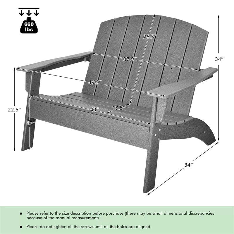 All-Weather HDPE Adirondack Loveseat Chair, Outdoor Adirondack Bench with Wide Armrests & 660 LBS Capacity for Patio, Garden, Backyard Fire Pit