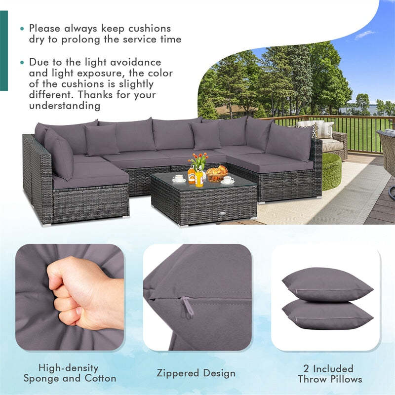 7PCS PE Rattan Modular Outdoor Sectional Set with Tempered Glass Top Table & Cushions, Patio Sofa Furniture for Backyard, Poolside Garden