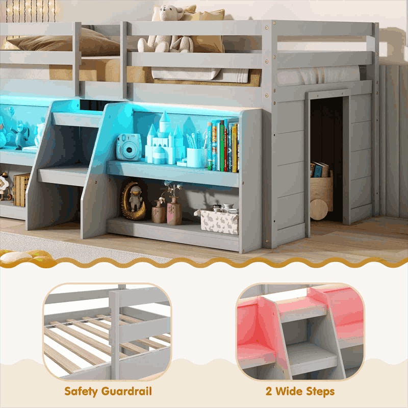 Twin Low Loft Bed for Kids, Wooden Loft Bed with Adjustable LED Lights, Stairs, Safety Guardrail, Storage Bookcase & Under Bed Play Area