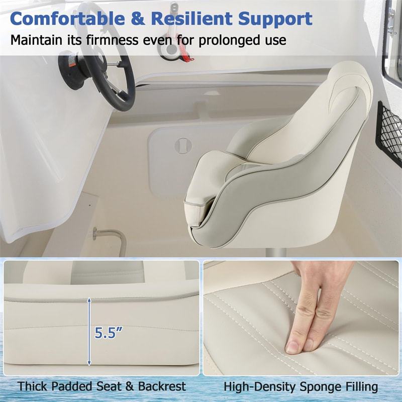 Captain Bucket Seat, Pontoon Boat Seat with Waterproof PVC Leather, Thick Padding & Curved Armrests, High Back Captain Chair for Fishing Sightseeing