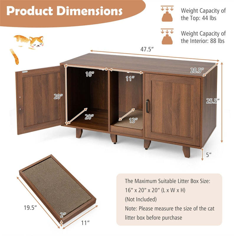 Double Cat Litter Box Enclosure, Large Hidden Cat Washroom Furniture with 2 Cabinets & Scratching Board, Cat House TV Stand Side Table