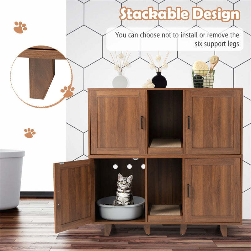 Double Cat Litter Box Enclosure, Large Hidden Cat Washroom Furniture with 2 Cabinets & Scratching Board, Cat House TV Stand Side Table