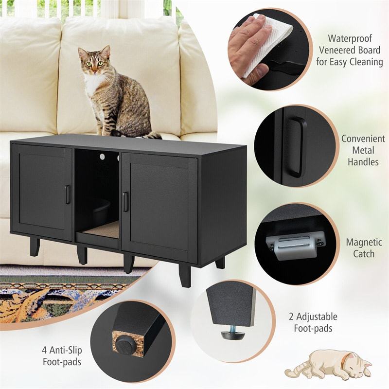 Double Cat Litter Box Enclosure, Large Hidden Cat Washroom Furniture with 2 Cabinets & Scratching Board, Cat House TV Stand Side Table