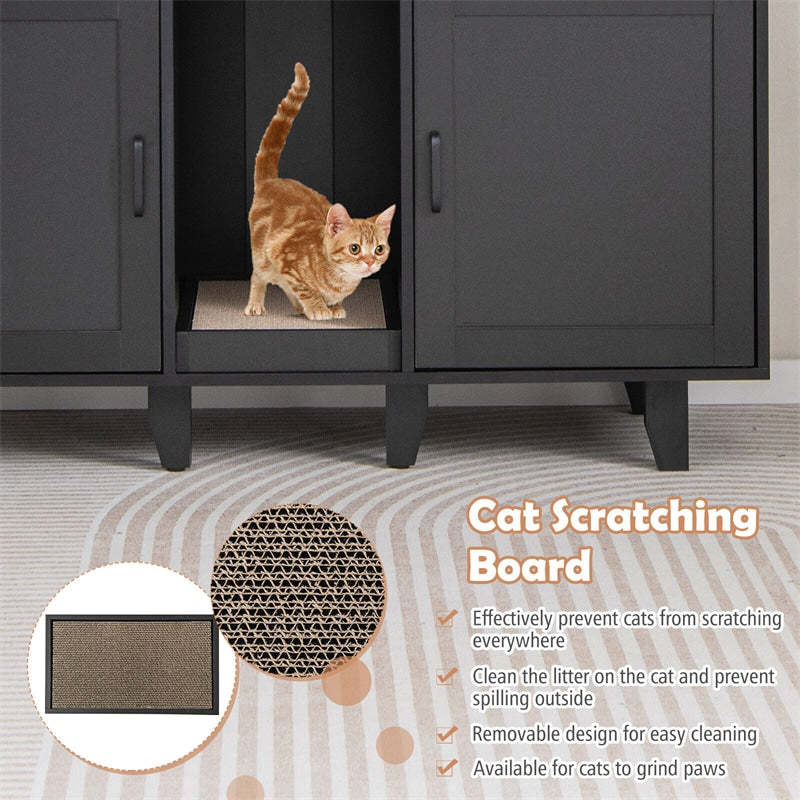 Double Cat Litter Box Enclosure, Large Hidden Cat Washroom Furniture with 2 Cabinets & Scratching Board, Cat House TV Stand Side Table