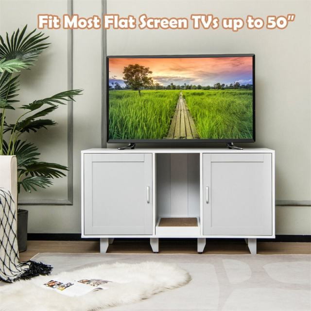 Double Cat Litter Box Enclosure, Large Hidden Cat Washroom Furniture with 2 Cabinets & Scratching Board, Cat House TV Stand Side Table