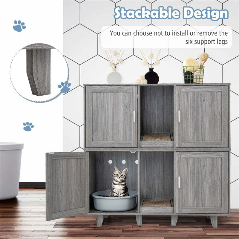 Double Cat Litter Box Enclosure, Large Hidden Cat Washroom Furniture with 2 Cabinets & Scratching Board, Cat House TV Stand Side Table