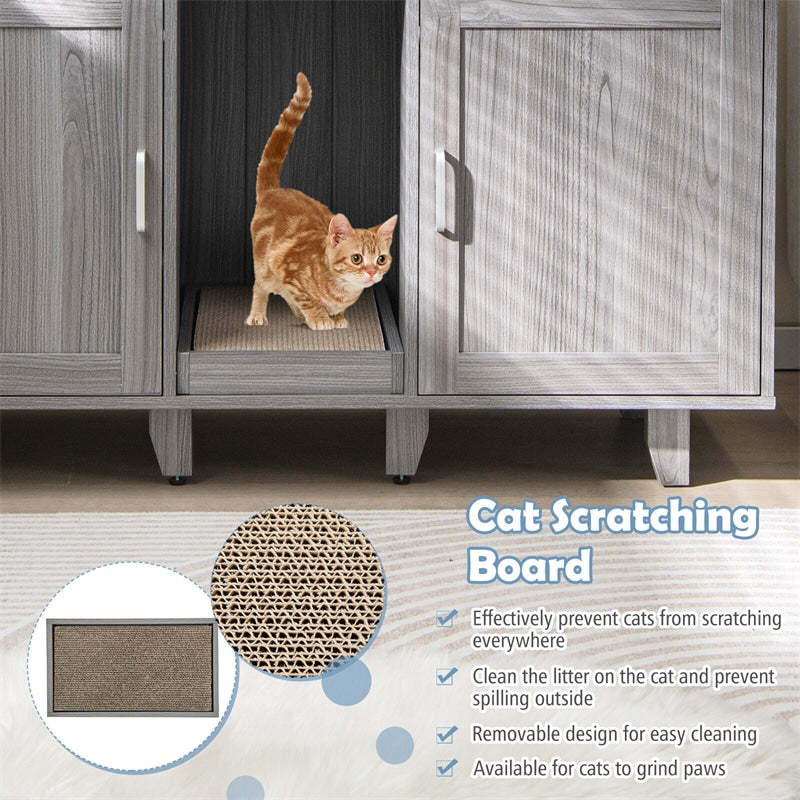 Double Cat Litter Box Enclosure, Large Hidden Cat Washroom Furniture with 2 Cabinets & Scratching Board, Cat House TV Stand Side Table