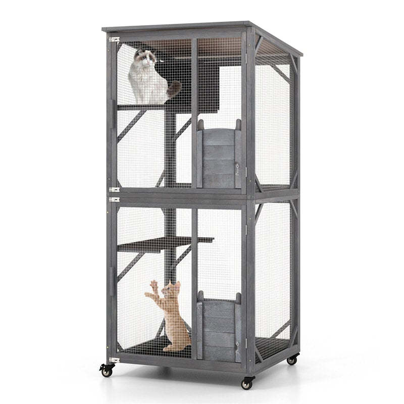 Catio Outdoor Cat Enclosure, 72" Tall Wooden Cat House On Wheels with Resting Box, 2 Platforms, Weatherproof Asphalt Roof, Large Cat Cage Playpen
