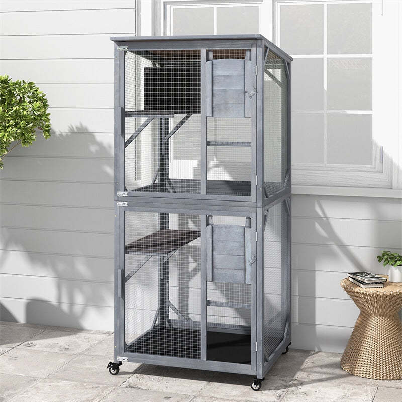 Catio Outdoor Cat Enclosure, 72" Tall Wooden Cat House On Wheels with Resting Box, 2 Platforms, Weatherproof Asphalt Roof, Large Cat Cage Playpen