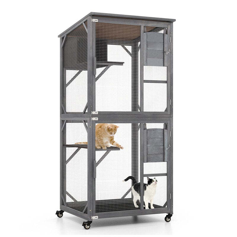 Catio Outdoor Cat Enclosure, 72" Tall Wooden Cat House On Wheels with Resting Box, 2 Platforms, Weatherproof Asphalt Roof, Large Cat Cage Playpen