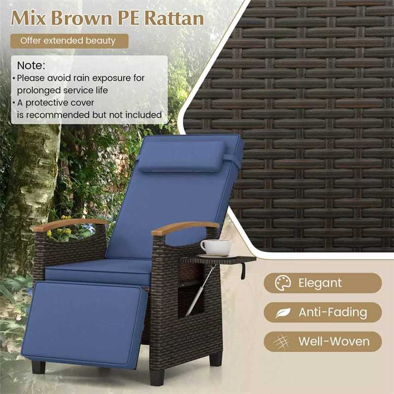Outdoor Wicker Recliner Chair with Adjustable Backrest, Footrest, Flip Side Table & Cushion, Patio Rattan Chaise Lounge for Backyard Porch