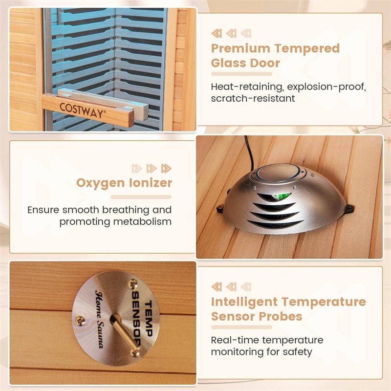 1-2 Person Far Infrared Wooden Sauna Room Canadian Hemlock Indoor Low EMF Sauna for Home with 9 Carbon Heaters, Oxygen Ionizer, Bluetooth Speakers