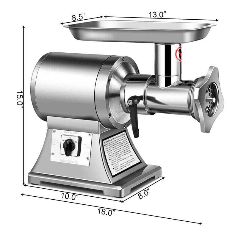 Commercial Meat Grinder 1.5 HP, 1100W, 550LB/H Stainless Steel Electric Sausage Stuffer, 225RPM Industrial Meat Mincer with 2 Blades, Grinding Plates