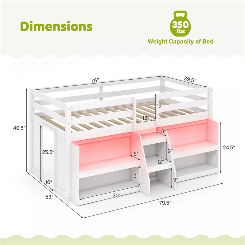 Twin Low Loft Bed for Kids, Wooden Loft Bed with Adjustable LED Lights, Stairs, Safety Guardrail, Storage Bookcase & Under Bed Play Area