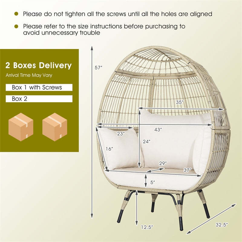 Oversized Wicker Egg Chair, Indoor/Outdoor PE Rattan Basket Lounge Chair with 4 Cushions, Steel Frame, 450LBS Capacity for Patio, Backyard