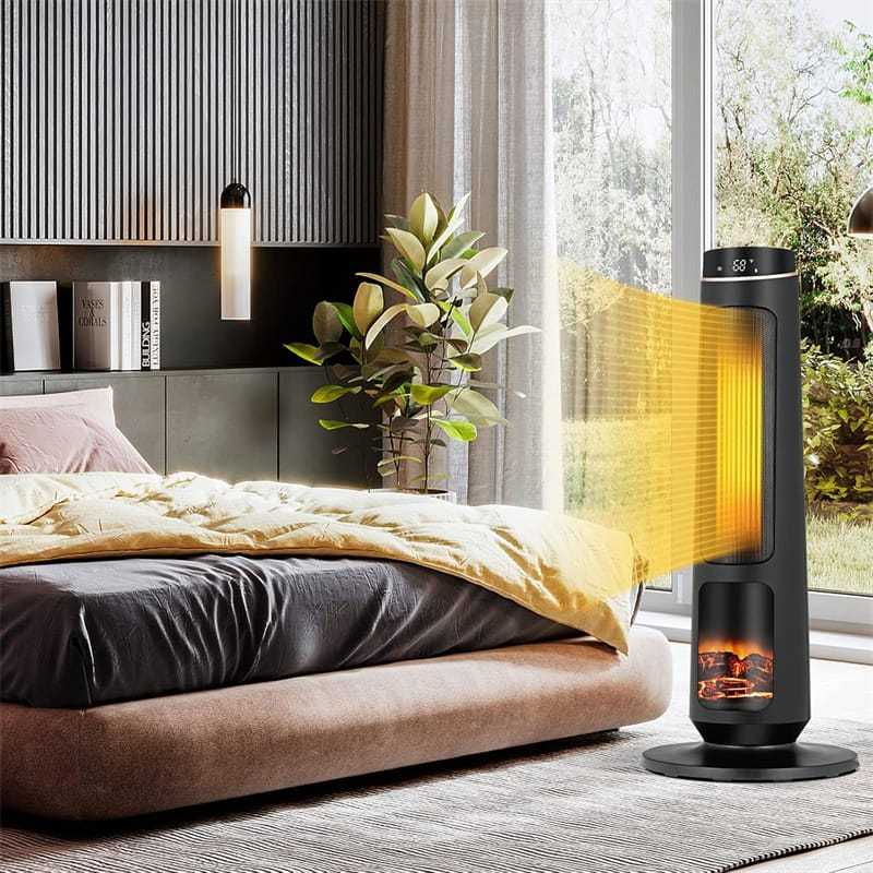 1500W Electric Space Heater, 30" PTC Ceramic Tower Heater with 3D Flame, Remote Control  & 80° Oscillating for Large Rooms, Living Room, Bedroom