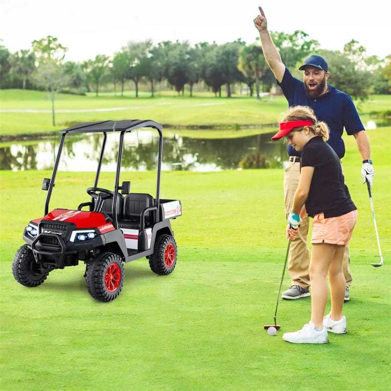 24V Kids Golf Cart, 4WD 2-Seater Electric Ride-On Car with Sun Shade, Storage Trunk, Remote Control & LED Lights for Boys & Girls Ages 3+
