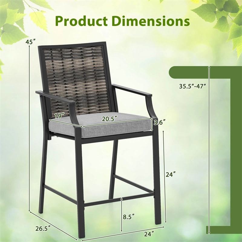 Outdoor Metal Bar Stools Set of 2 with Rattan Back, Fabric Seat & Cushions, 330 LBS Capacity Counter Height Patio Chairs for Backyard, Poolside